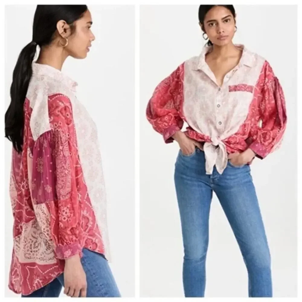 Free People Red and Cream Patchwork Bandana Button-Up Blouse